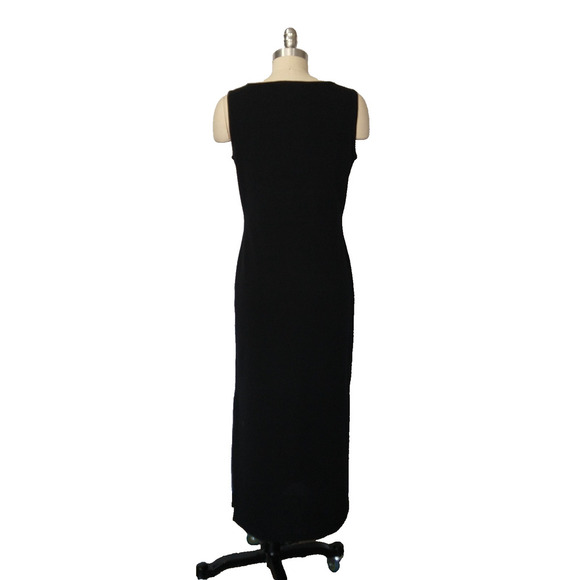 Vintage 90s Black Embroidered Maxi Dress Size M Petite Floral Knit Wool Blend - Picture 6 of 7